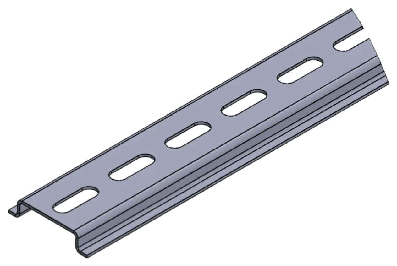 Demte 35 × 7.5 slotted DIN rail profile — render from the production drawing