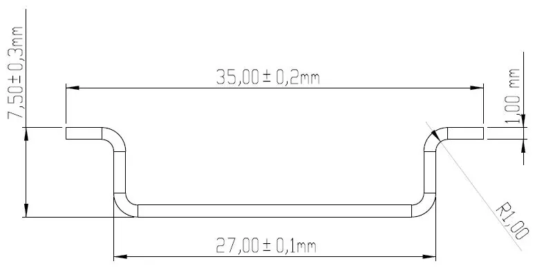 35 × 7.5 DIN rail section — 35.00 ± 0.2 mm width, 7.50 ± 0.3 mm height, 27.00 ± 0.1 mm inner opening, 1.00 mm sheet, R1.00 corner